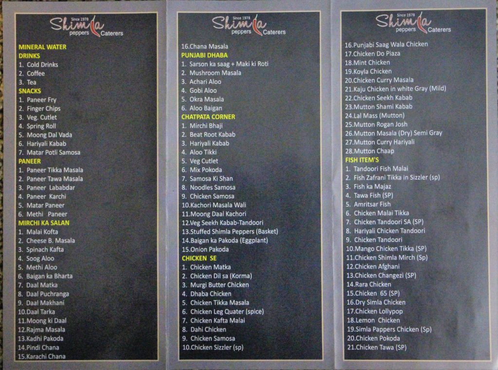 Catering Menu Shimla Peppers