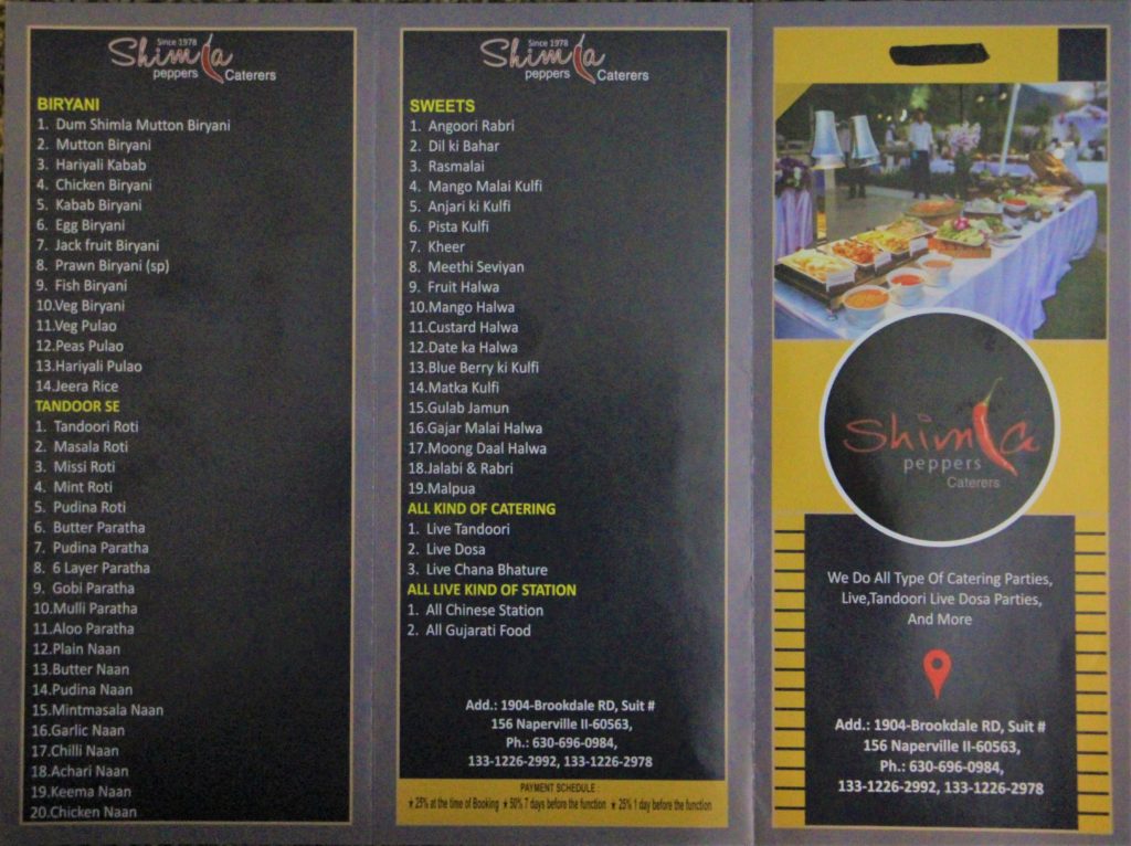 Catering Menu Shimla Peppers